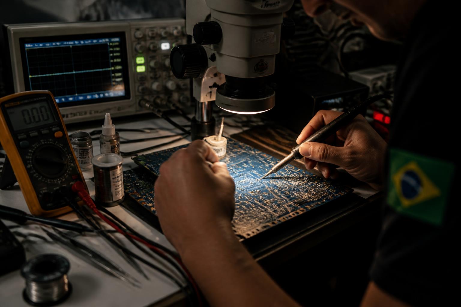 Técnico reparando placa eletrônica em bancada
